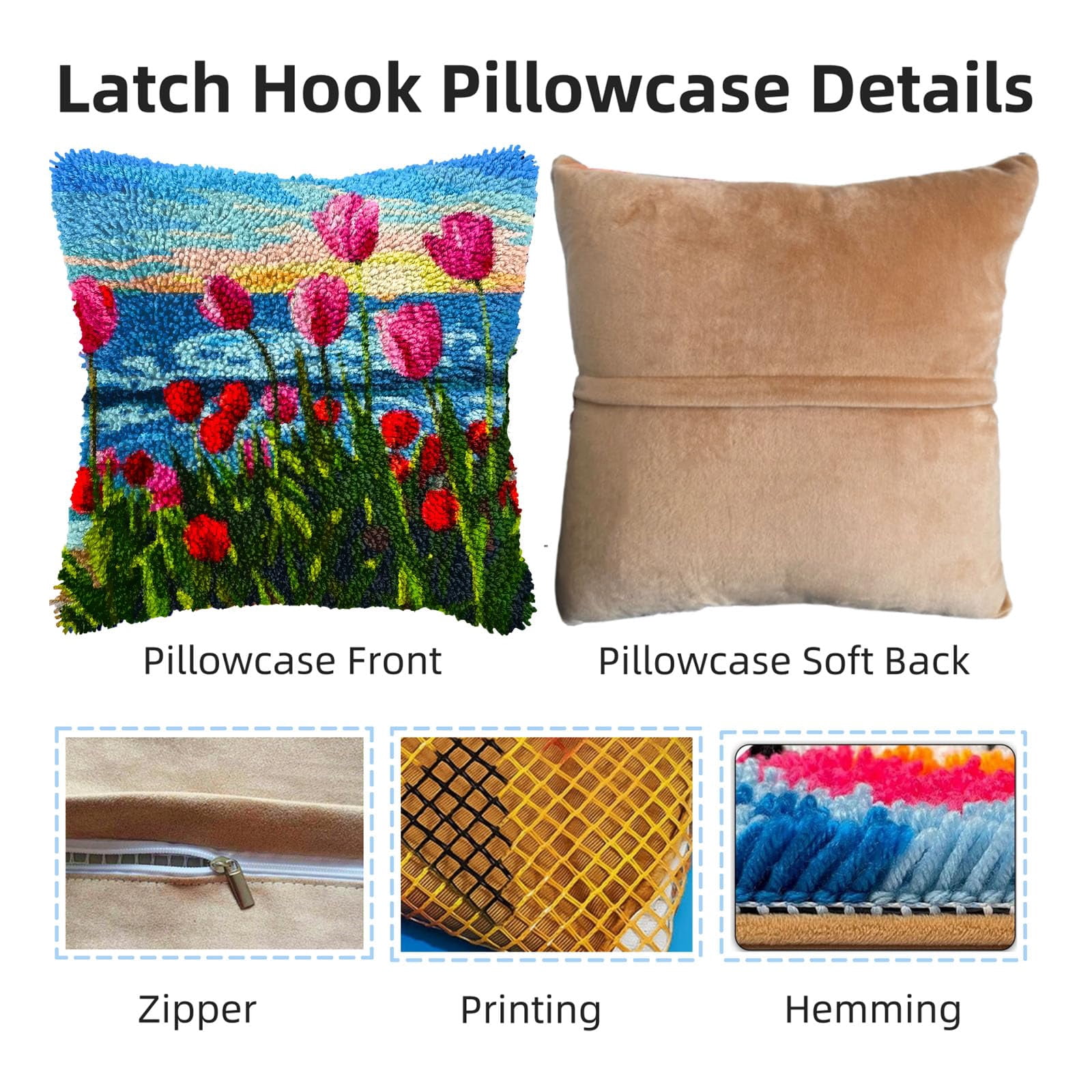Seaside Flower Tulips Sunset DIY Latch Hook Pillow Kits for Adults Printed Pillowcase Crochet Yarns Hooking Handmade Pillow Cover Cushion for Home Sofa Decoration 17x17inch(2)