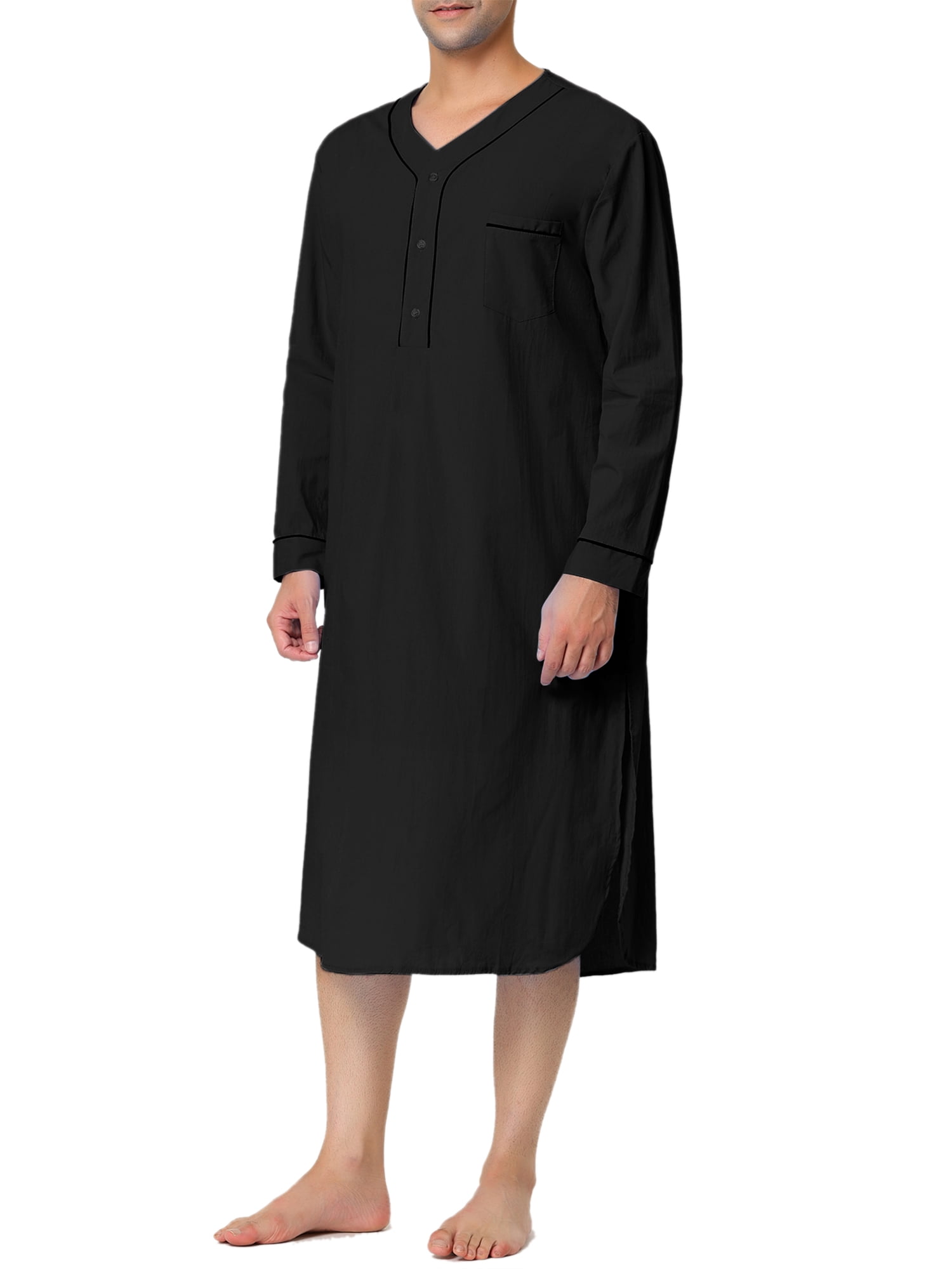 Unique Bargains Men's Nightshirt Cotton Sleep Shirt Long Sleeve Nightgown Sleepwear M Black