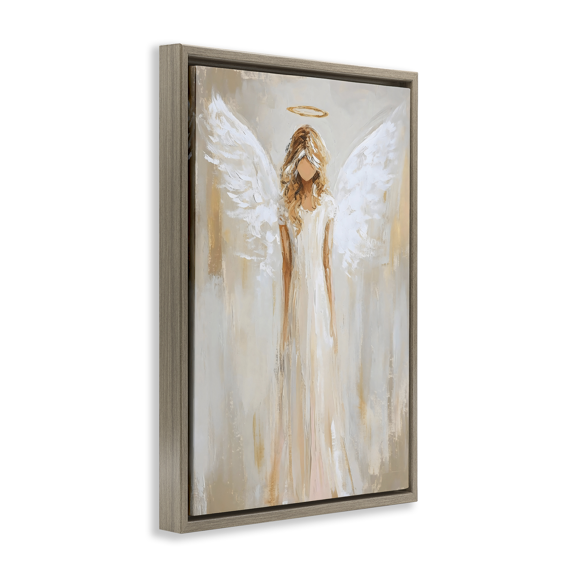 Divine White Robe Angel Brown Framed Floater Canvas Wall Art, design by Petal Prints Design