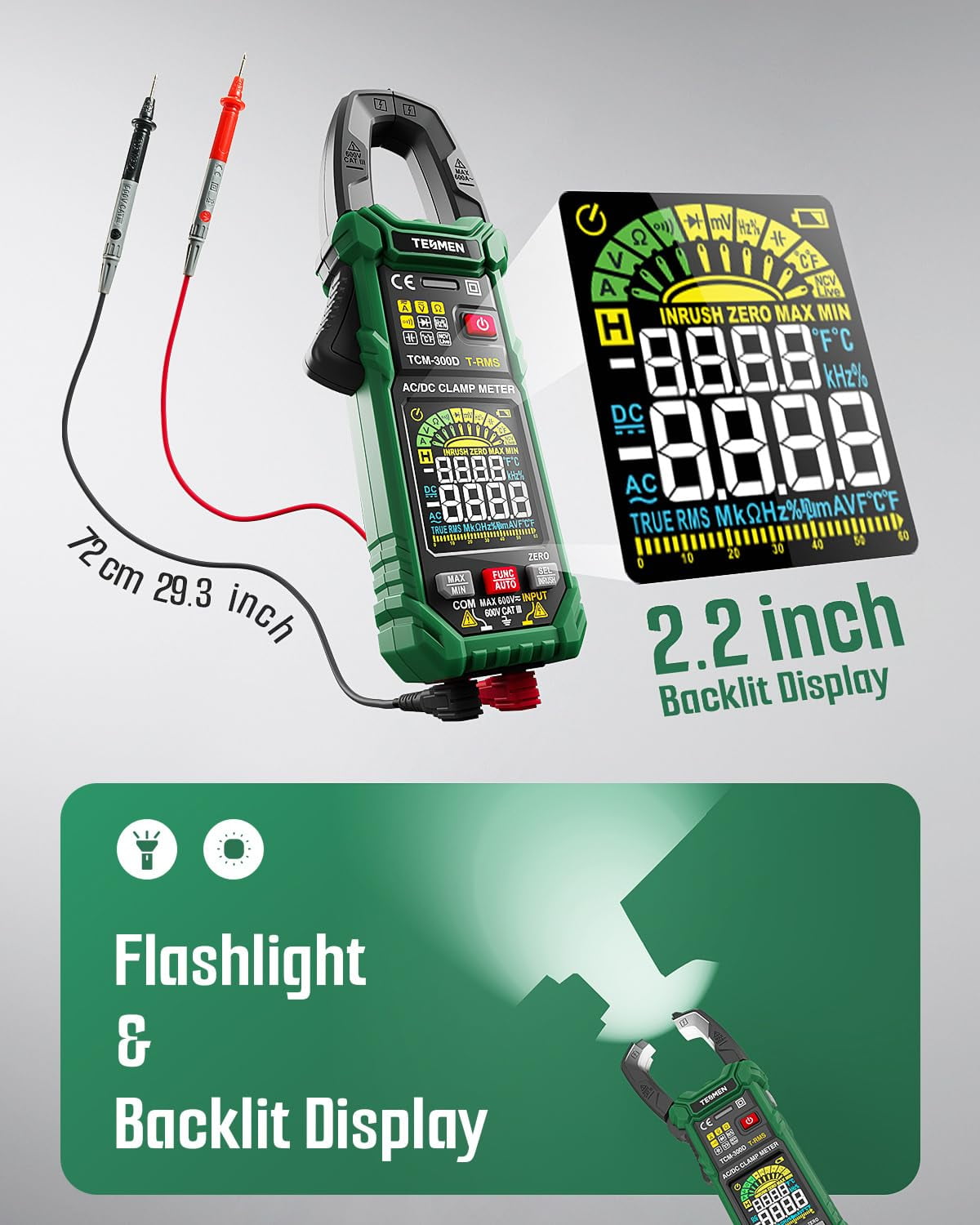TESMEN TCM-300D TRMS Digital Clamp Meter, Auto-Ranging AC/DC Voltage and Current Tester, Multimeter with Backlit Display & NCV Detection