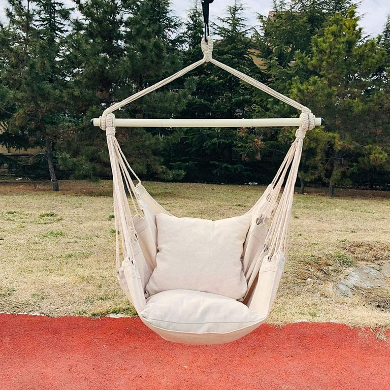Highwild Hammock Chair Hanging Rope Swing Max 500 Lbs 2 Cushions Included Steel Spreader Bar with Anti Slip Rings for Any Indoor or Outdoor