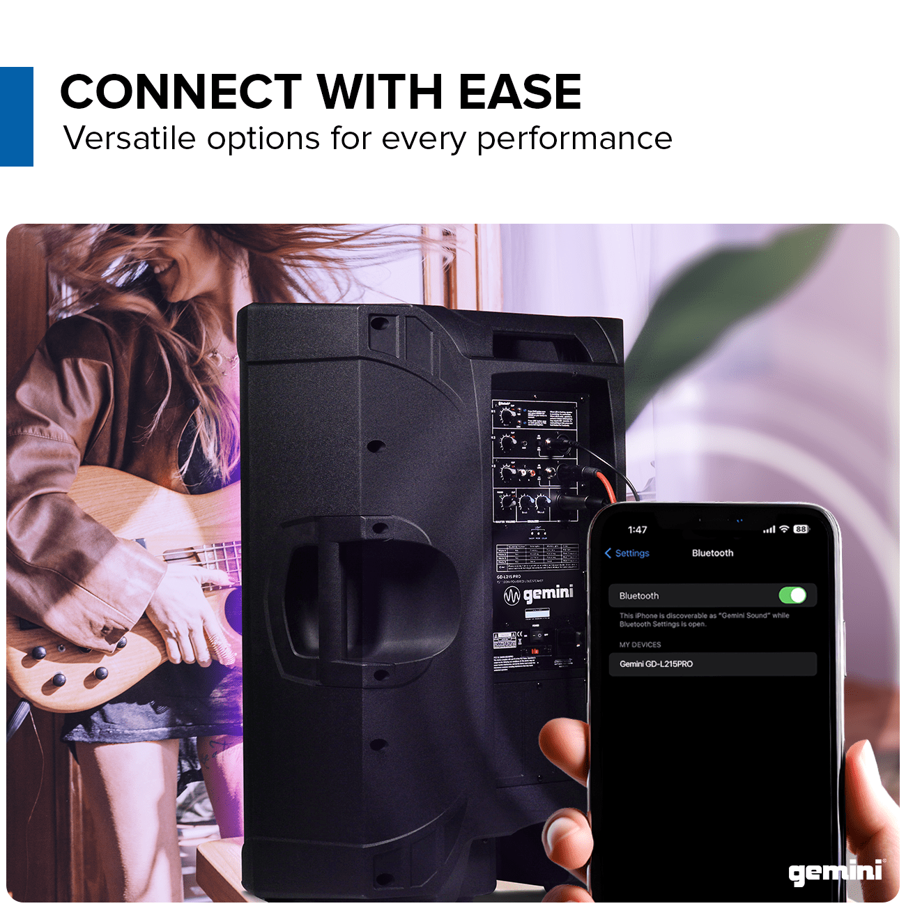 Gemini Sound GD-L215PRO - 1300W Bluetooth PA Speaker with LED Party Lights & 3-Channel Mixer - High-Power 15-Inch Woofer for DJs, Parties, Outdoor Events - User-Friendly Design for Enthusiasts