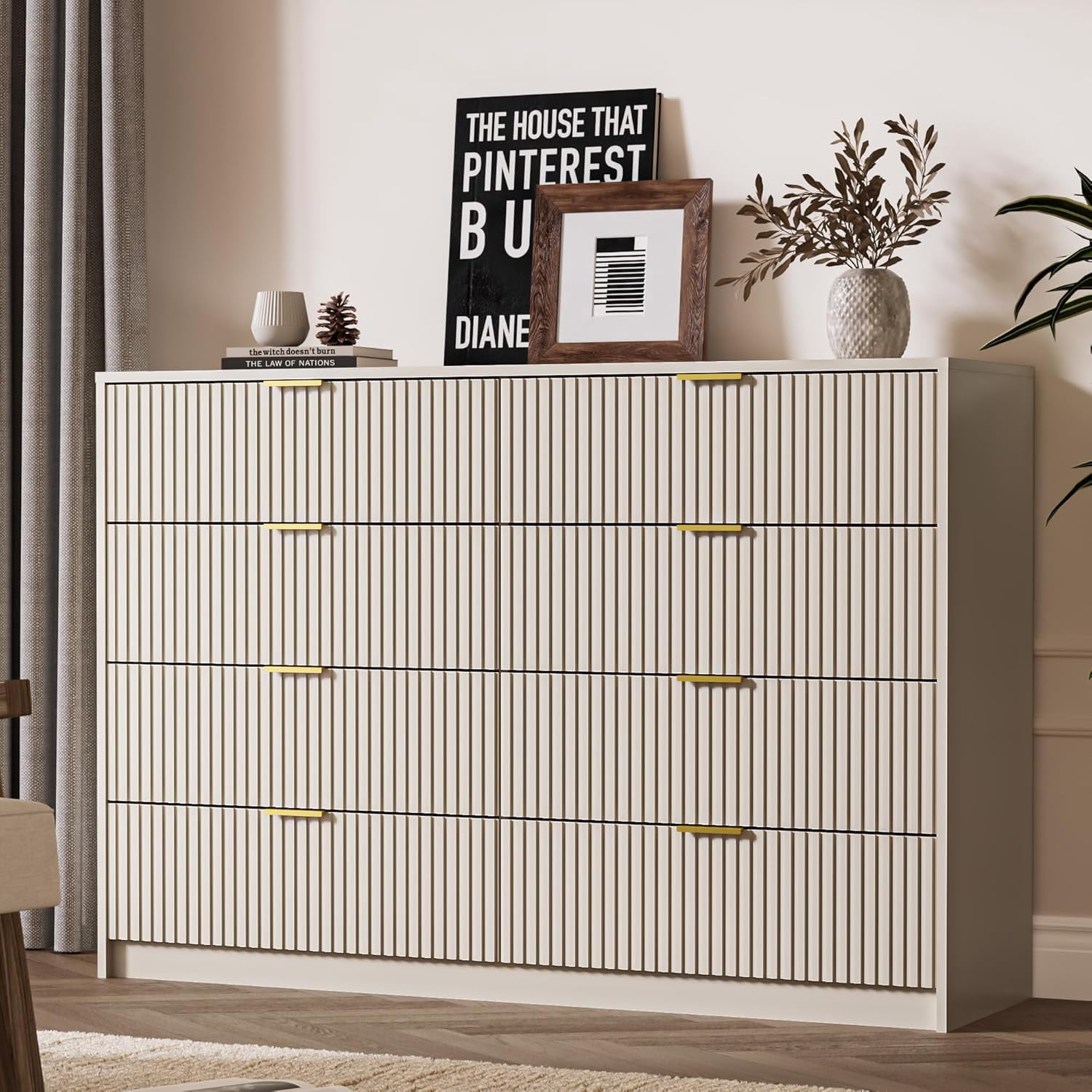 Furniway Beige Dresser for Bedroom, 8 Drawer Double Dresser with Gold Metal Handles, Modern Chest of Drawers for Bedroom, Living Room, Entryway and Closet, Beige