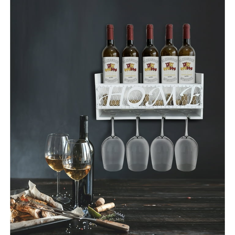 Modern Wall Mounted Wood Wine Rack 4-Bottle & 4 Wine Glass Rack