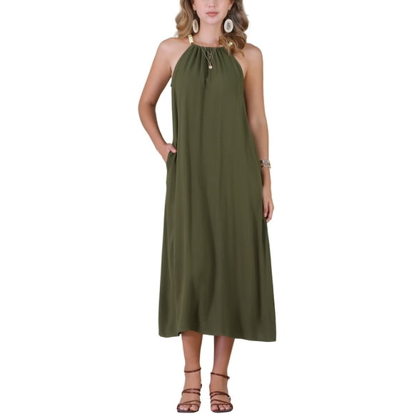 VESTIDOS MIDI VERANO CON CINTURÓN DE CUELLO HALTER PARA MUJER INSPIRADOS EN CHIC TALLA XS VERDE EJÉRCITO
