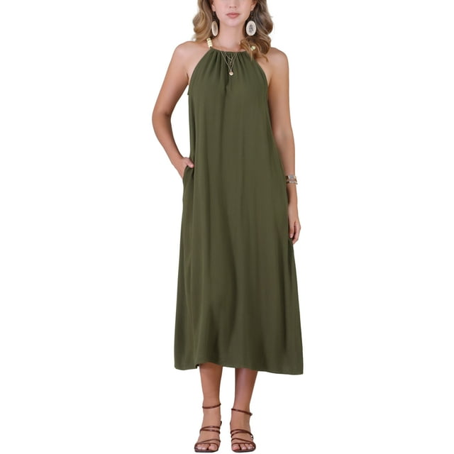 Vestidos midi de verano para mujer con cuello halter y cinturón en verde militar