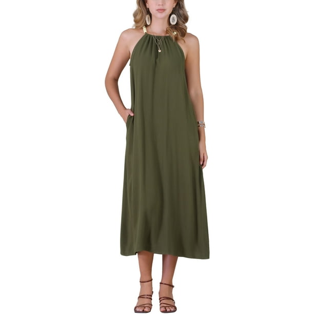 Vestidos midi de verano para mujer con cuello halter y cinturón en la cintura XL verde ejército