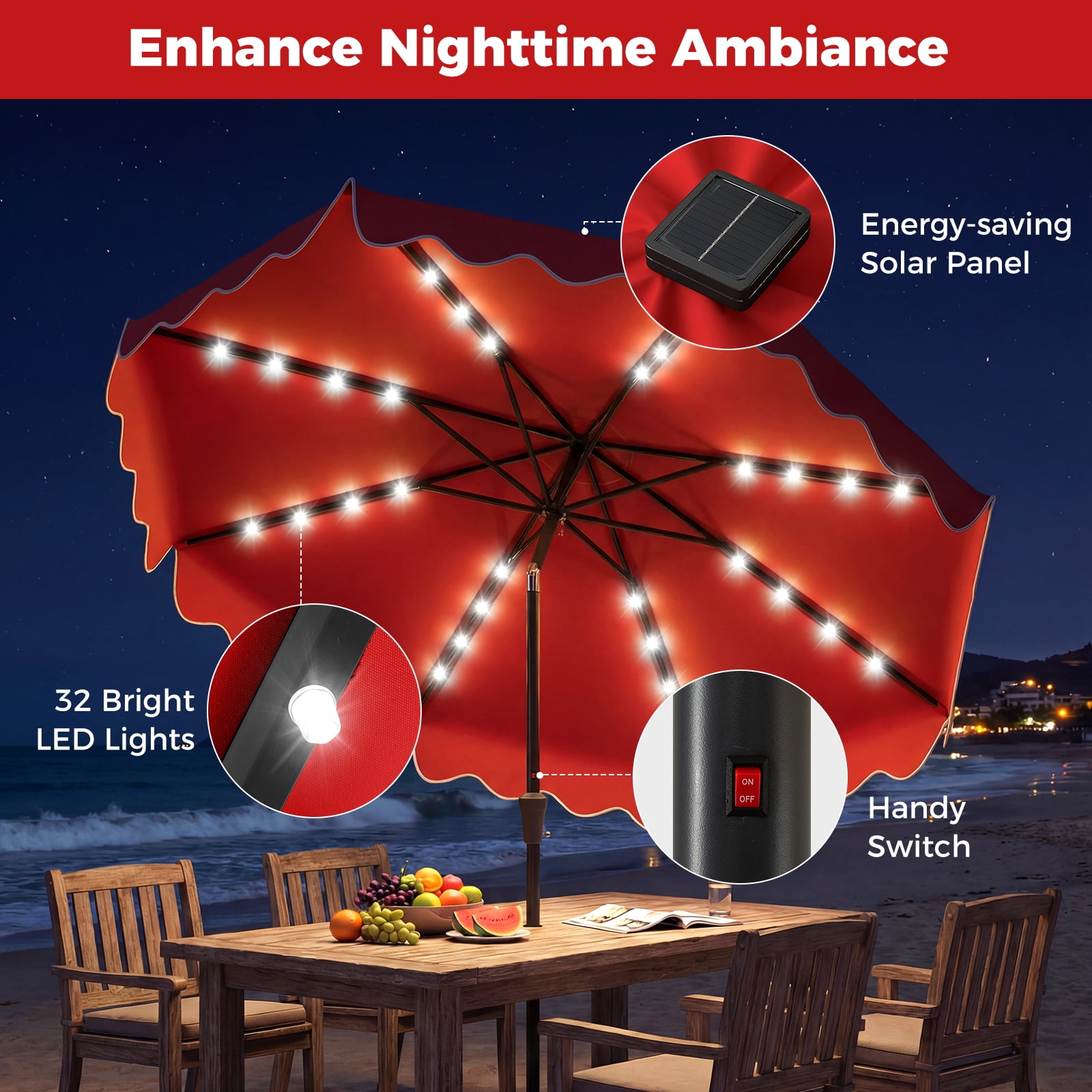 Costway 10 FT Outdoor Patio Umbrella with 32 Solar LED Lights & Weighted Base, Sandbags Red