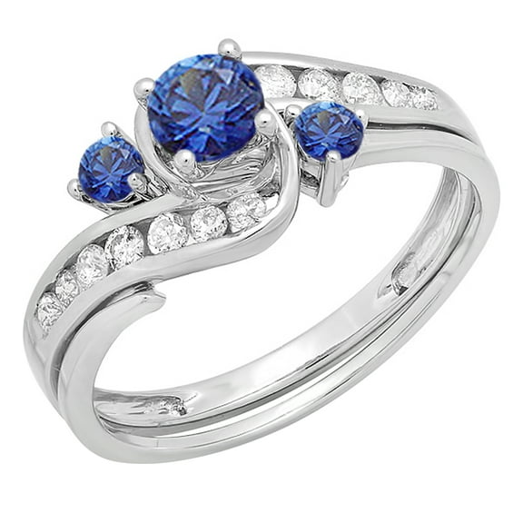 Dazzlingrock Collection 10K Blue Sapphire & White Diamond Swirl Bridal Engagement Ring Matching Band Set, White Gold, Size 5.5