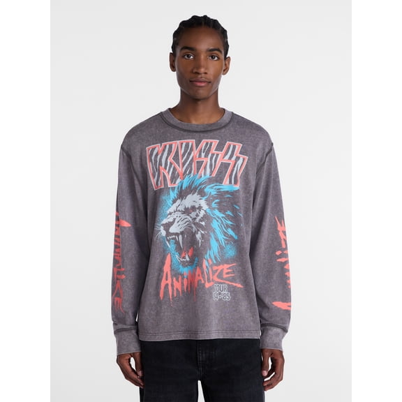 Kiss, Men's Mineral Wash Boxy Fit Graphic Long-sleeve Tee Shirt, Sizes XS-4XLT