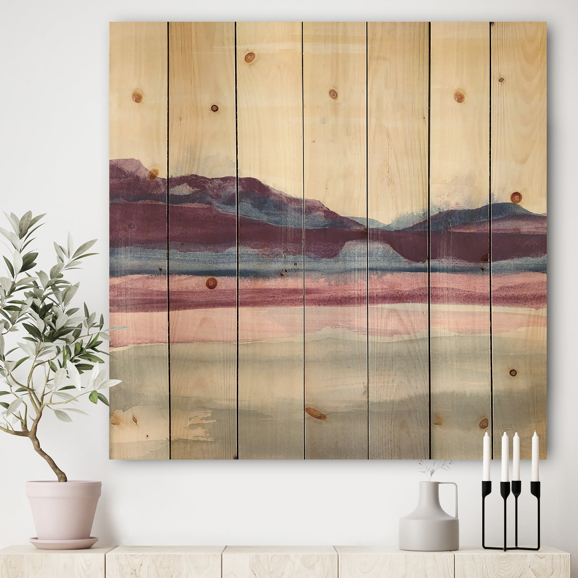 Designart 'Abstract Purple Rock Landscape' Shabby Chic Print on Natural Pine Wood