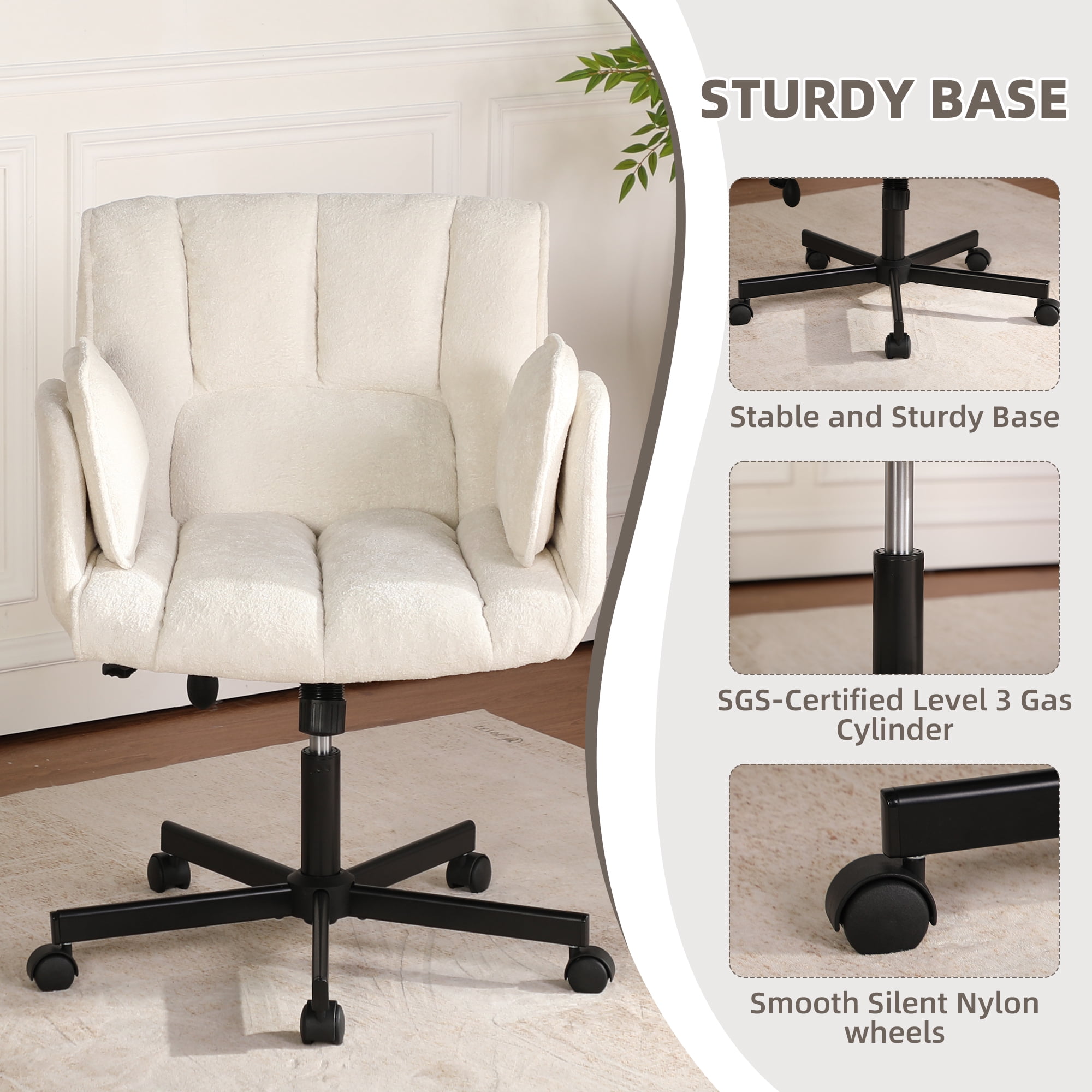 Cross Legged Office Chair with Wheels & Dynamic Airbag Lumbar Support, Criss Cross Wide Seat, 5-Position Fold-Down Armrests, Swivel Vanity Chair for Home Office, Beige