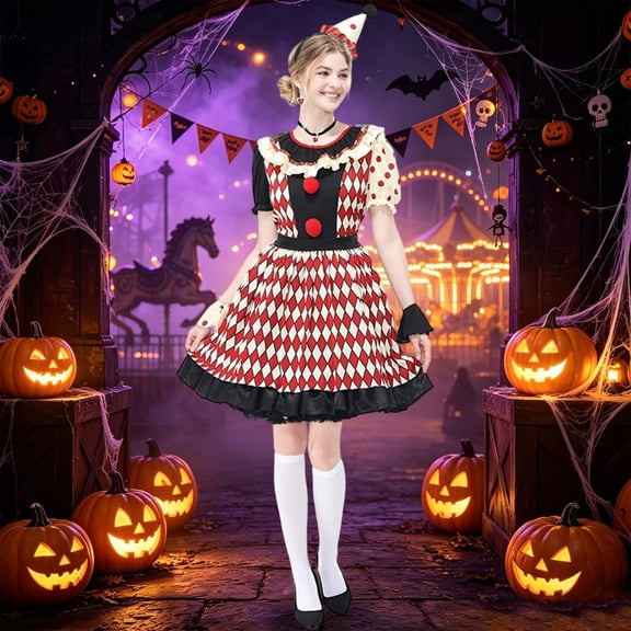 HOWPAY Halloween Dresses For Women Vintage Clown Dress Circus Harlequin Style Fancy Outfit For Cosplay Masquerade Carnival Party Stage Performance Halloween Costumes L