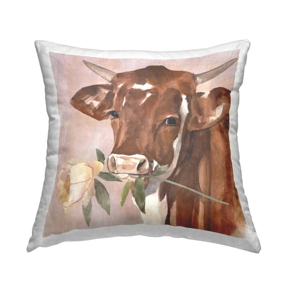 Stupell Industries Romantic Bull Cattle White Rose over Pink Cabin Brown,18 x 7 x 18 Decorative Pillows