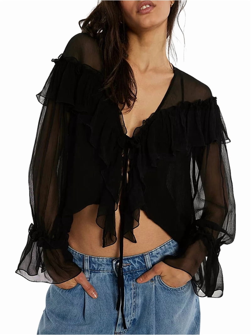 Women'S Flowy Front Tie Top Long Sleeve Peplum Lace Trim Chiffon
