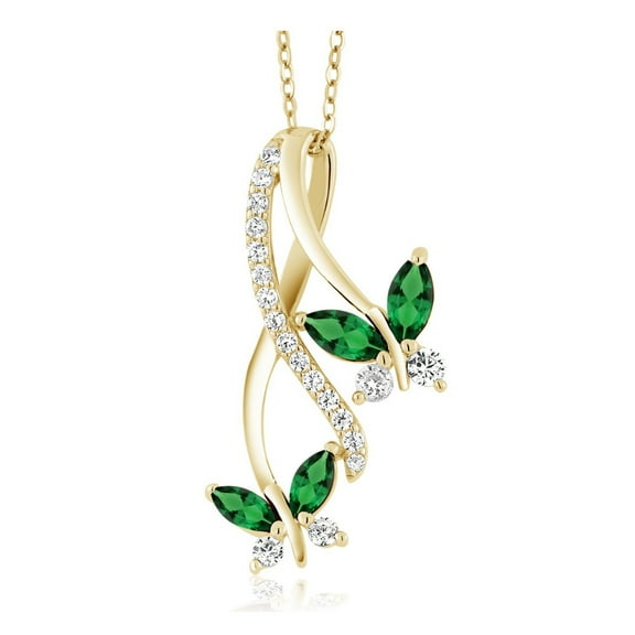 Gem Stone King 18K Yellow Gold Plated Silver Green Nano Emerald Butterfly Pendant Necklace for Women (1.21 Cttw, Marquise Cut Gemstone Birthstone, with 18 inch Chain)