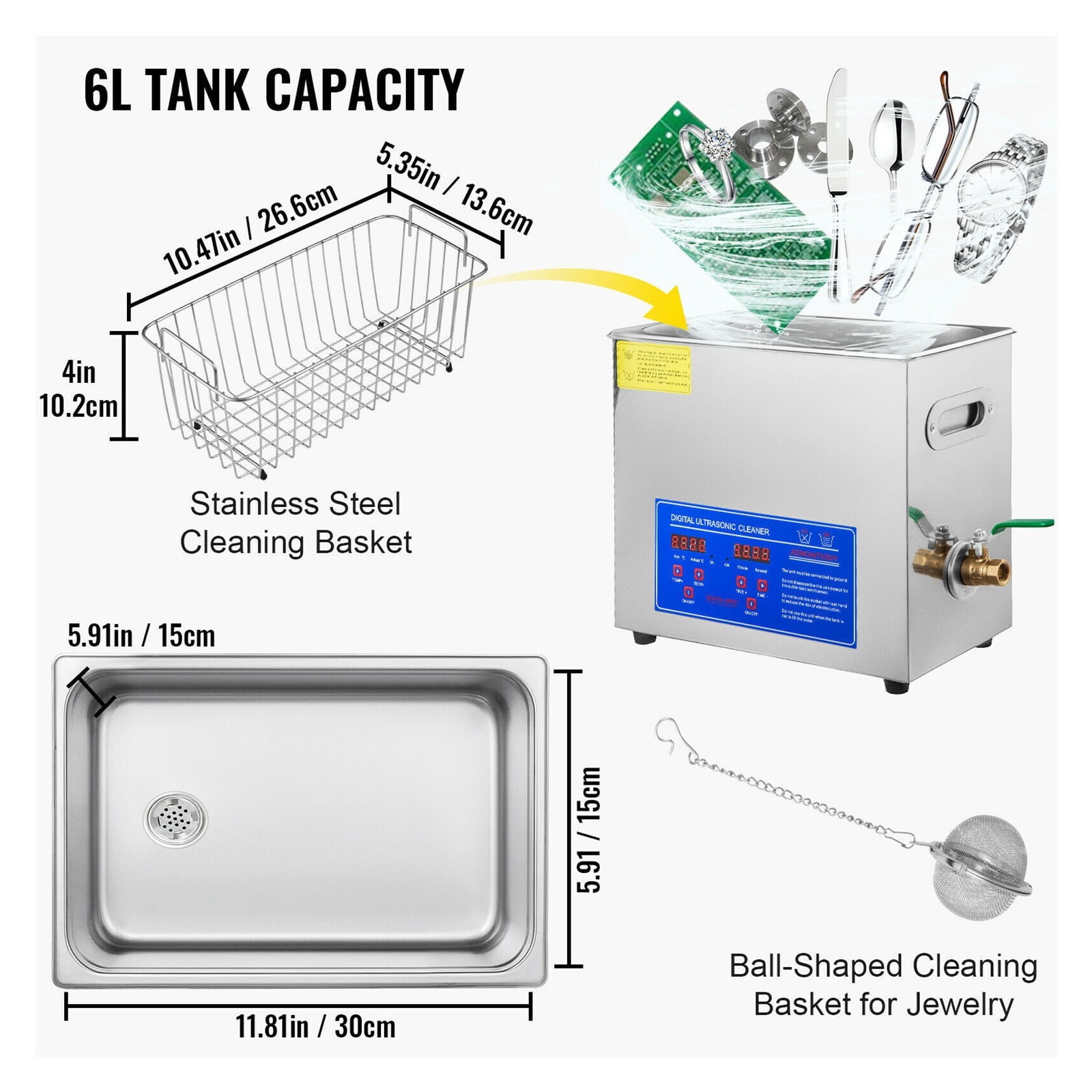 200W Ultrasonic Cleaner Jewelry Cleaner Heater Timer 6L Tank Bath Cleaning Machine Industry Stainless Steel Equipment