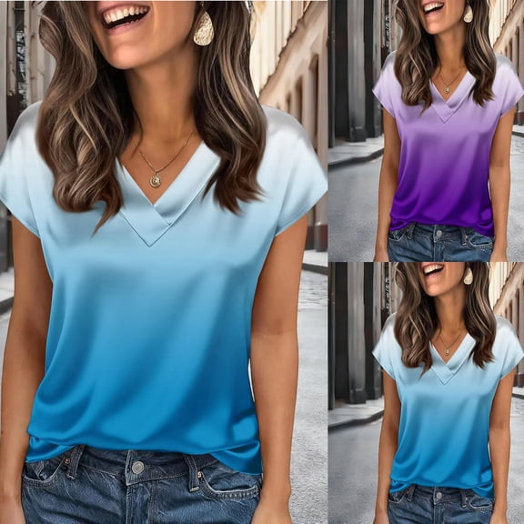 Shadoumai Blouses for Women Dressy Casual Plus Size Summer V Neck Short Sleeve T-Shirts Solid Color Shirt Spring Clothes Shirts Soft Graphic Tees Tops