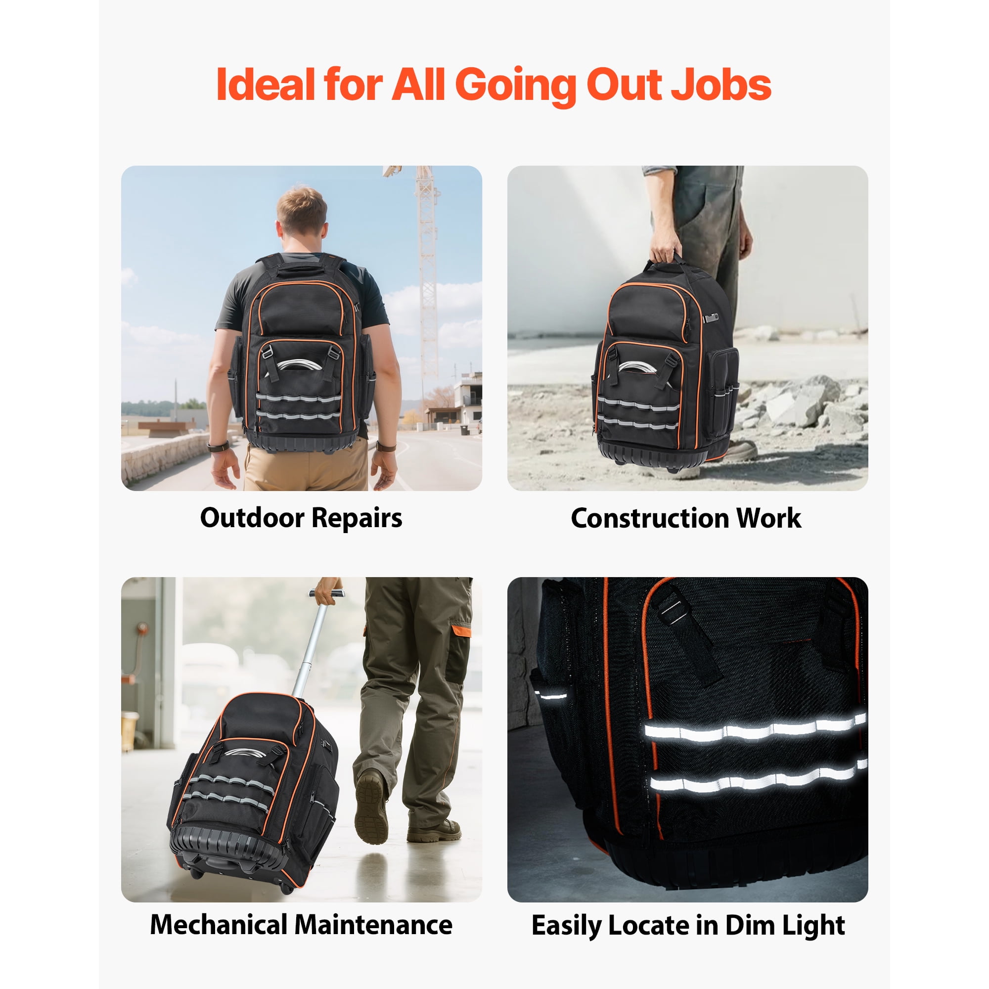 KFFKFF Rolling Tool Backpack with 110 lbs Capacity, 72 Pockets, Heavy-Duty Tool Bag on Wheels, Telescoping Handle & Sturdy Base, Organizer for Construction and Mechanics