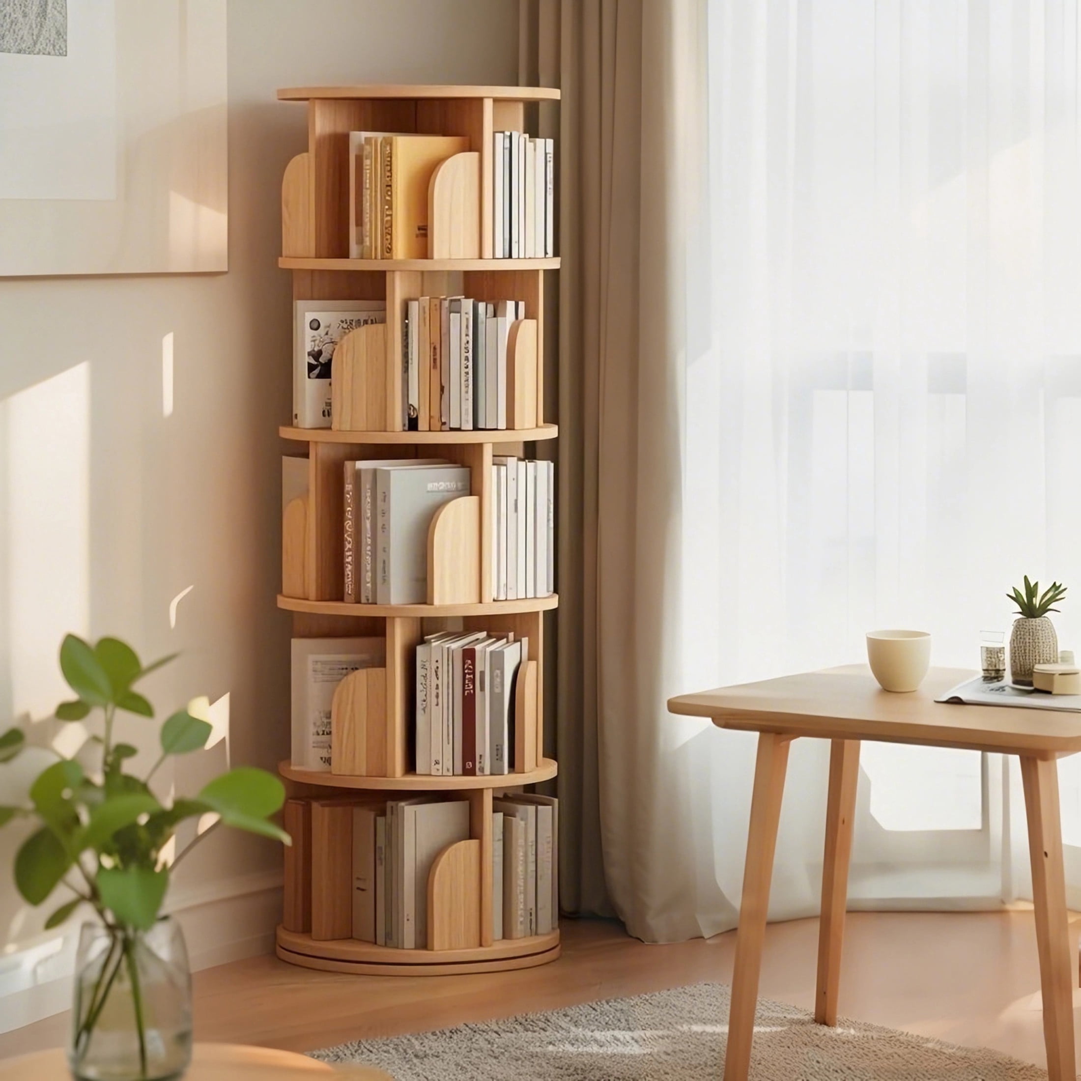 Noble House Pamela 5-Tier 360° Rotating Bookshelf, Round Display Tower, Space-Saving, for Home Office, Natural