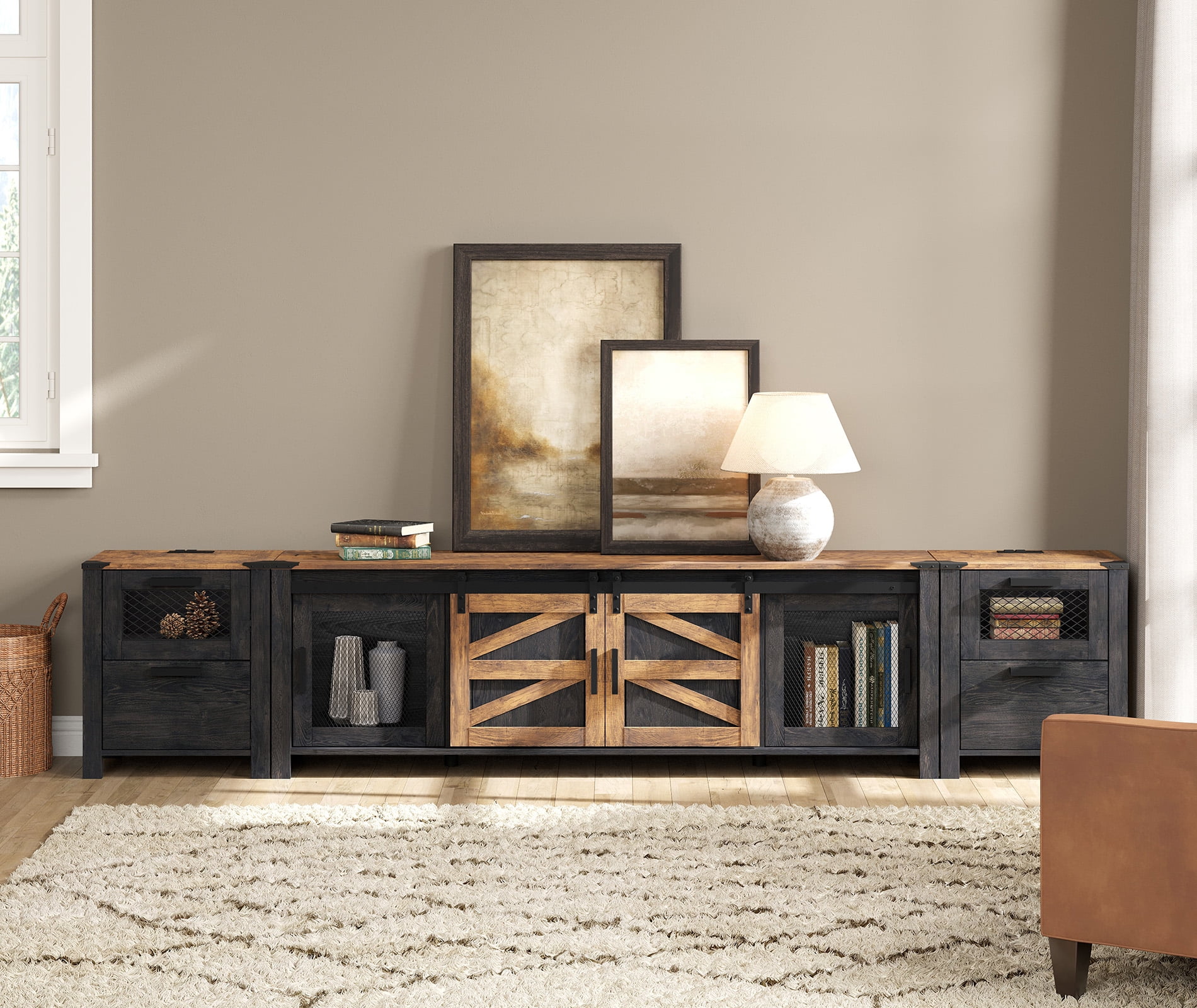 Wampat Farmhouse TV Stand for TVs up to 85 Inches with Charging Station, Drawers, Sliding Barn Door, Storage Shelf, Dark Walnut and Black Finish