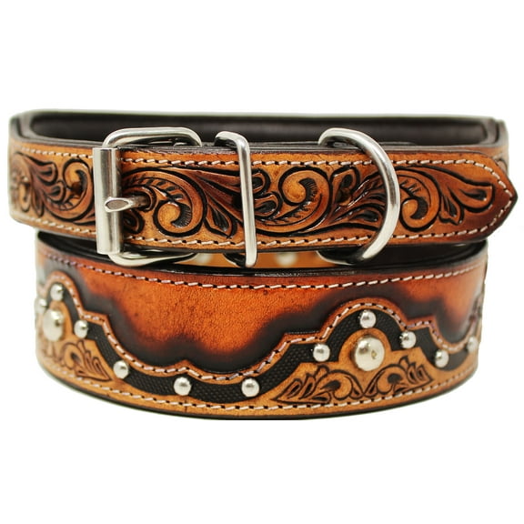 Medium 17''- 21''  Heavy Duty Padded Leather Hand Tooled Studded Dog Collar 60FK01