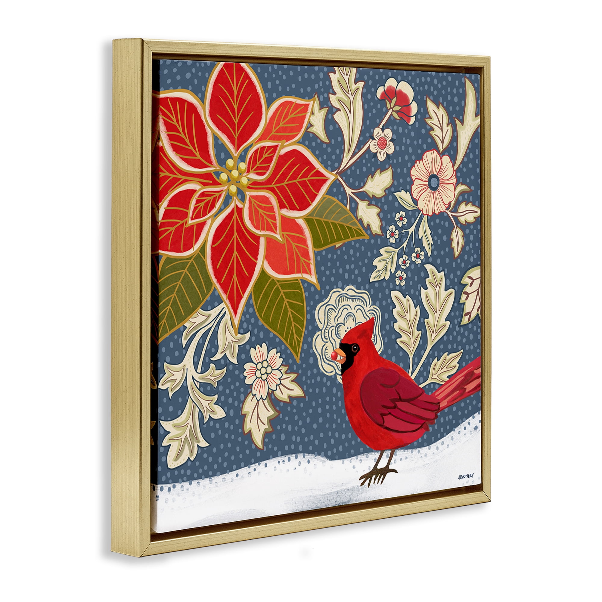 Stupell Industries Winter Cardinal in Snow Animals & Insects Painting Gold Floater Framed Canvas Art Print Wall Art, 25 x 25