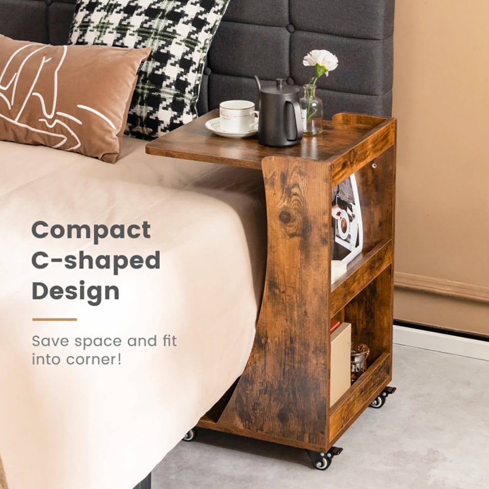 Finihen End Table, C-shaped Rolling End Side with Back Storage Shelves beside Sofa, Sofa Side Table, Bed Side Table, for Living Room, Bedroom, Rustic Brown Finihen End Table, C-shaped Rolling End Side with Back Storage Shelves beside Sofa, Sofa Side Table, Bed Side Table, for Living Room, Bedroom, Rustic Brown