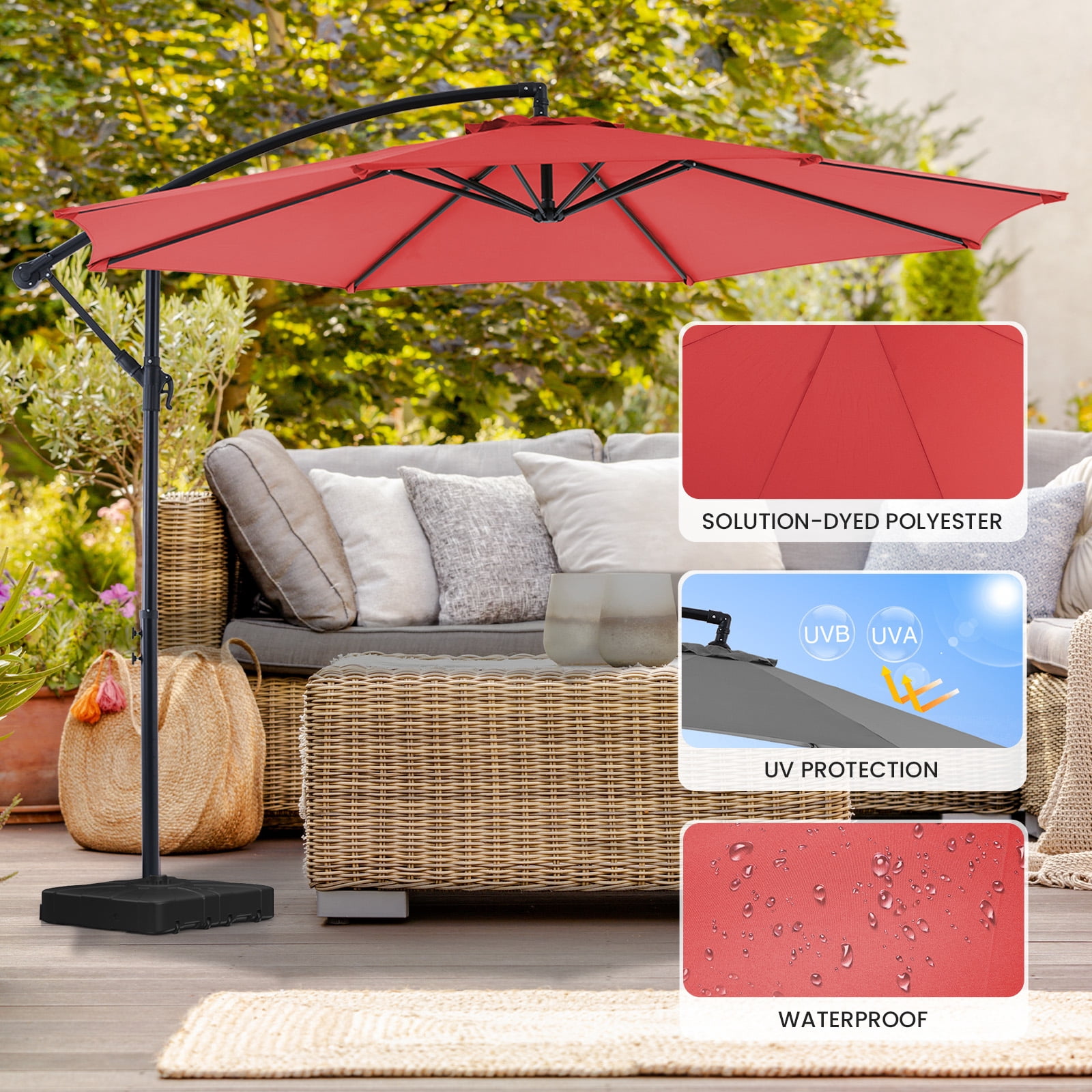 MCQ 10FT Cantilever Outdoor Patio Umbrella with Tilt & Crank, Self-Locking with 8 Sturdy Ribs, Large Sun Shade for Deck, Poolside, Red
