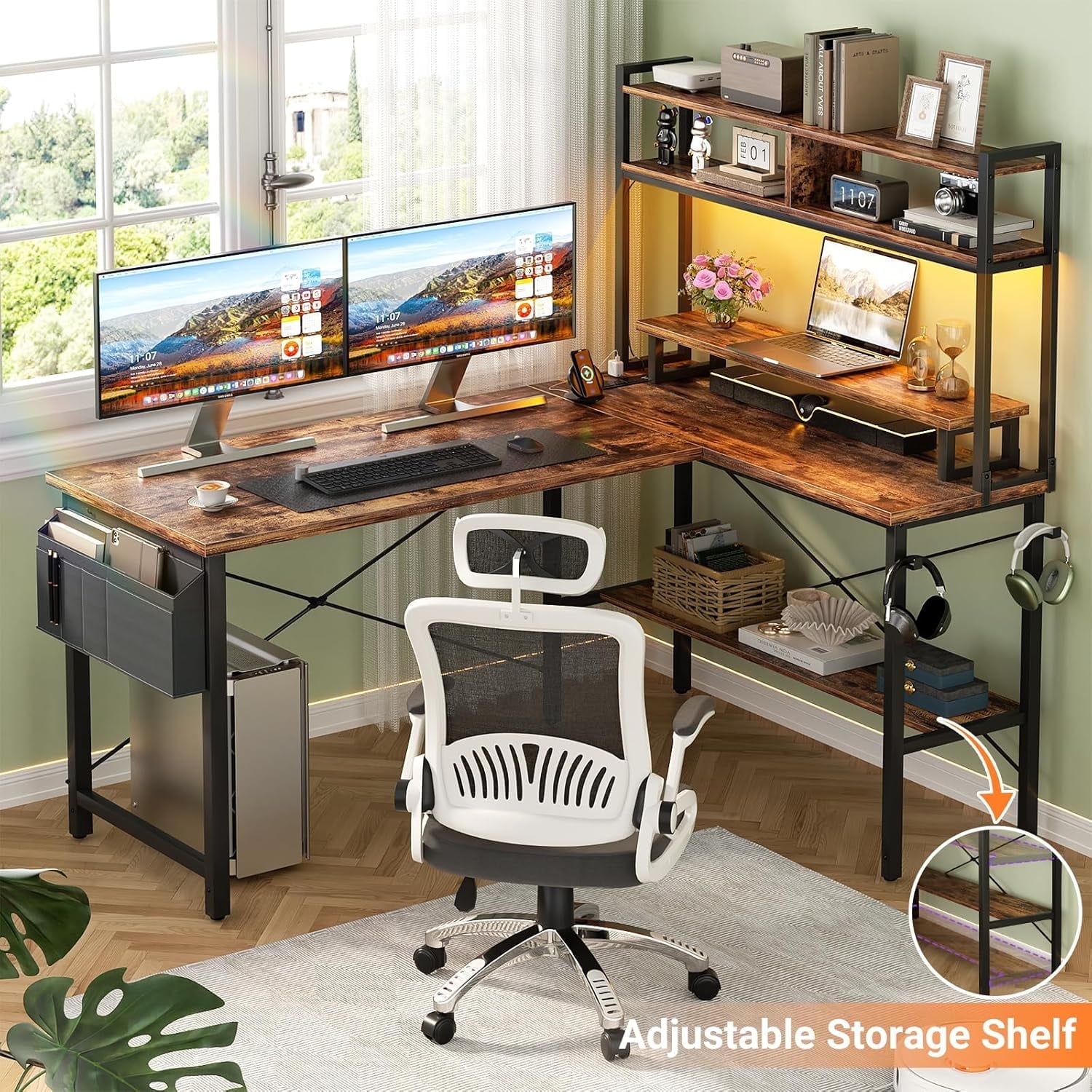 iSunirm Reversible L Shaped Gaming Desk with LED Lights & Power Outlets, 49'' Small L Shaped Computer Corner Desk with Monitor Stand and Storage Shelf, for Home & Office, Rustic Brown