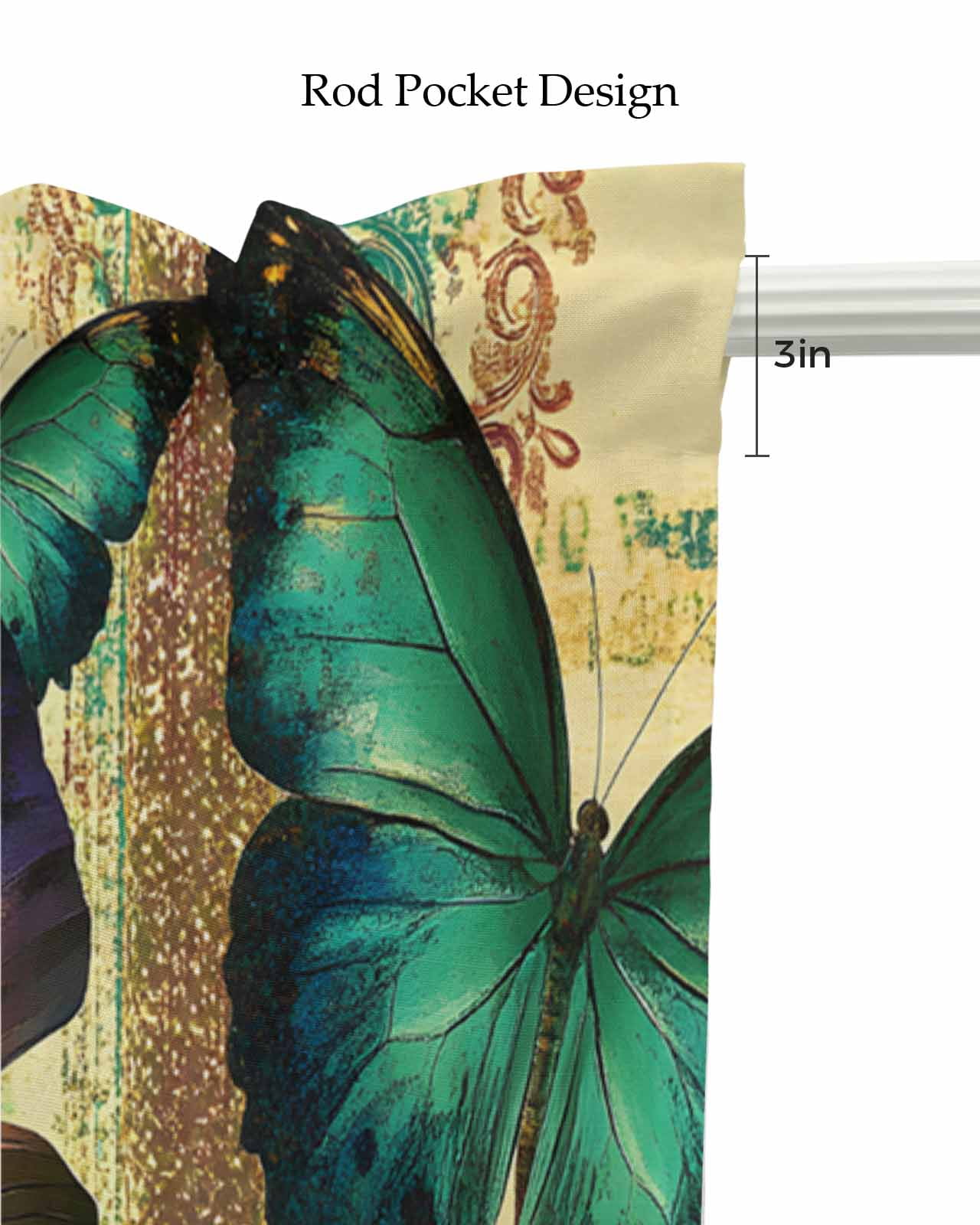 Teal Retro Butterfly Kitchen Valances for Windows Farmhouse Linen Window Valance Curtain for Living Room Window Treatment Vintage Summer Butterflies Valance Rod Pocket Topper Drape, 60 x 18 Inch