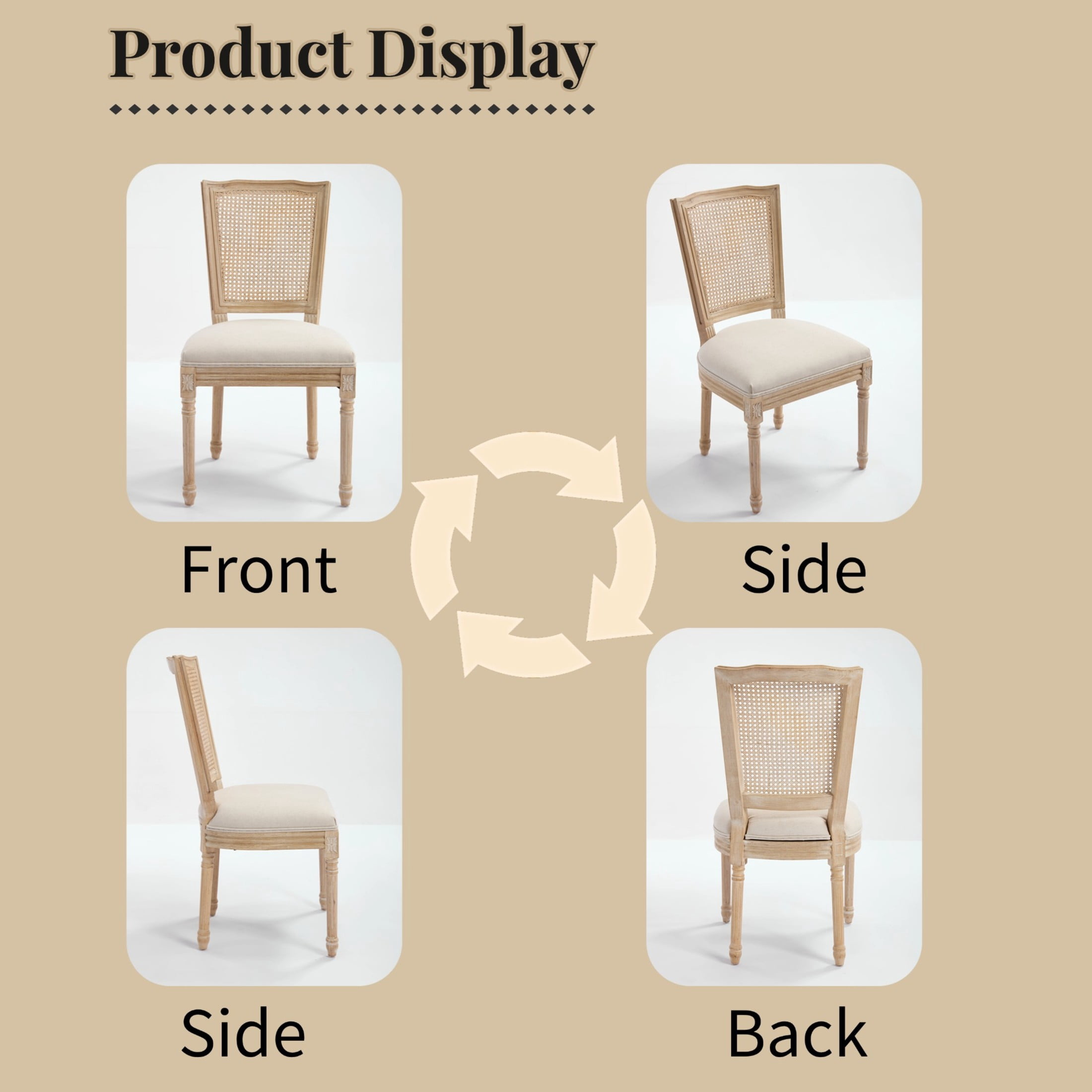 Noble House French Country Dining Chairs with Natural Rattan Back and Carved Wood Legs, for Living Room, Beige, Set of 2