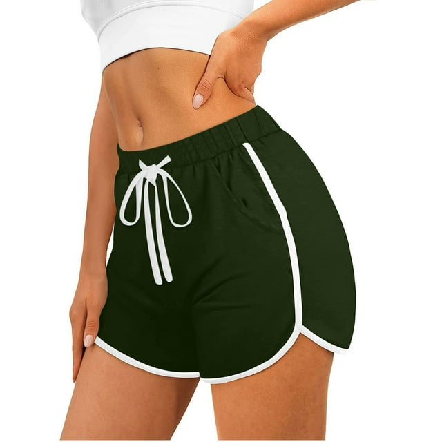 VKOYWKM Workout Shorts for Women Solid Color Dolphin Hem Exercise Shorts Drawstring Waisted Running Athletic Gym Shorts with Pockets