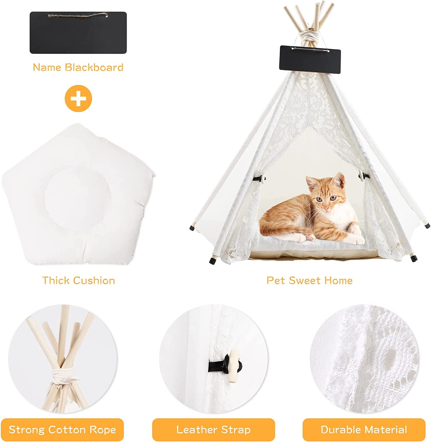 Portable Pet Teepee Tent for Medium and Large Pet,Foldable Dog and Cat House with Luxury Cushion Washable ，Indoor/Outdoor Use, Lace Style