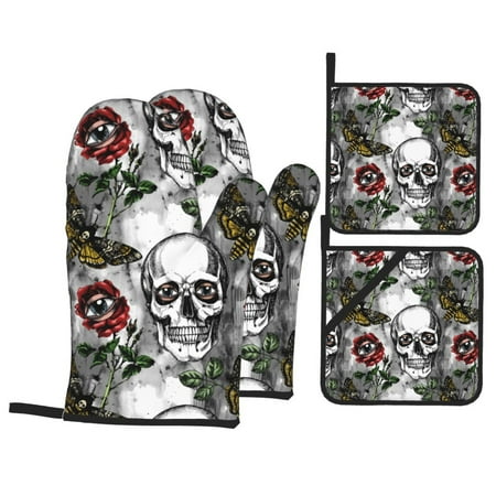 

Oven Mitts and Pot Holders 4 Piece Skulls Roses High Heat Slip Resistant Oven Mitt and Trivets Set Kitchen Oven Glove Pot Holders for Cooking Baking Grilling