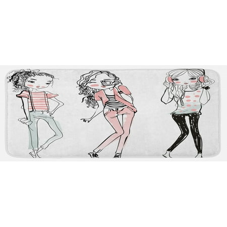 

Fashion Kitchen Mat Sketch Cartoon Design Girls with Makeup Clothes Illustration Image Plush Decorative Kitchen Mat with Non Slip Backing 47 X 19 Pale Pink White Black by Ambesonne
