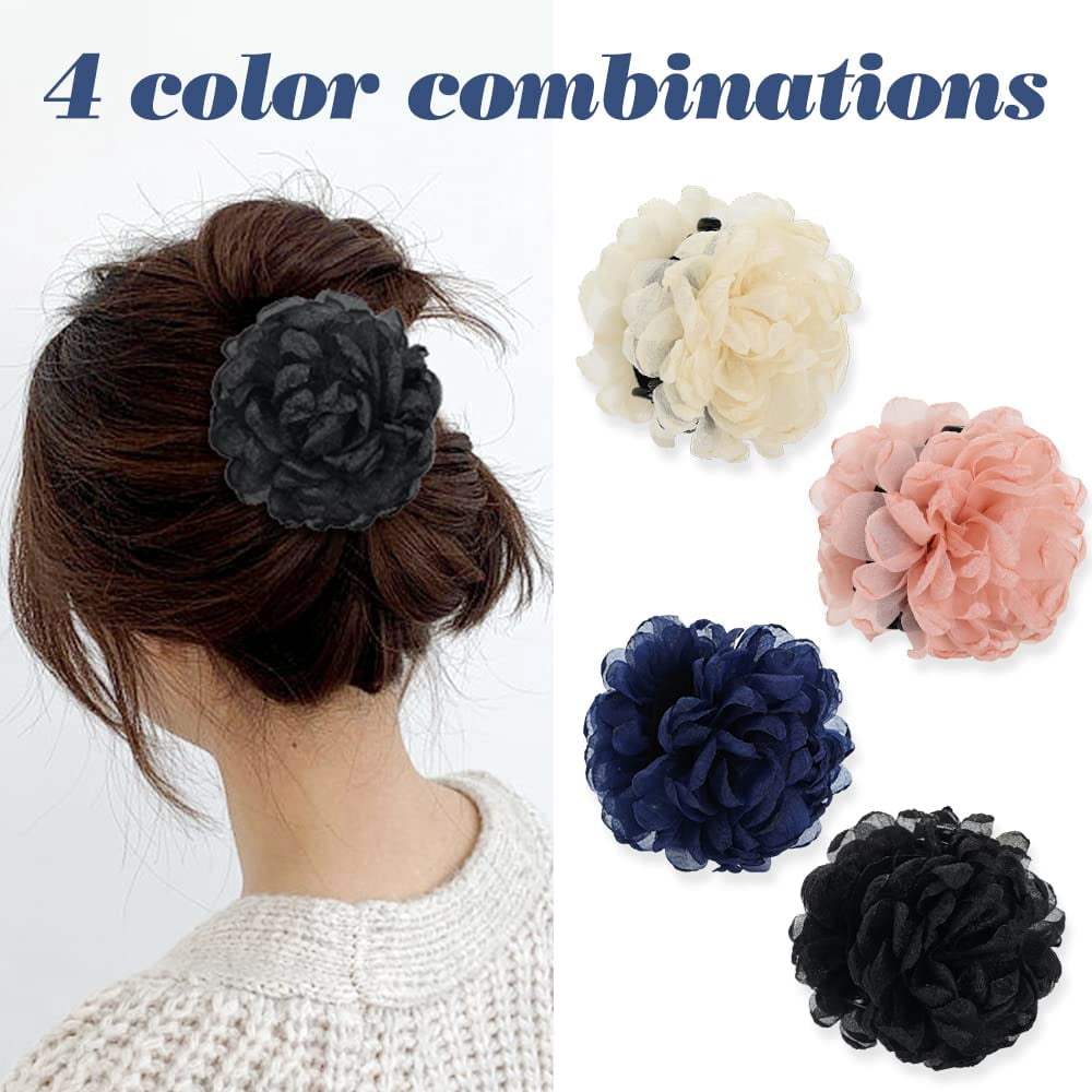 4 Pack Big Large Satin Rose Floral Flower Plastic Hair Claws Clips Bow Barrettes Clamps Bun Chignon Updo Holders Hair Accessories for Women Girls