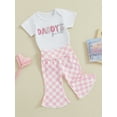 thumbnail image 3 of FEORJGP Toddler Baby Girl Father's Girl Summer Outfits 3M 6M 12M 18M Infant Short Sleeve Jumpsuit Letter Print Romper Crew Neck Bodysuit + Elastic Waist Plaid Flare Pants Cute Casual 2 Piece Set, 3 of 9