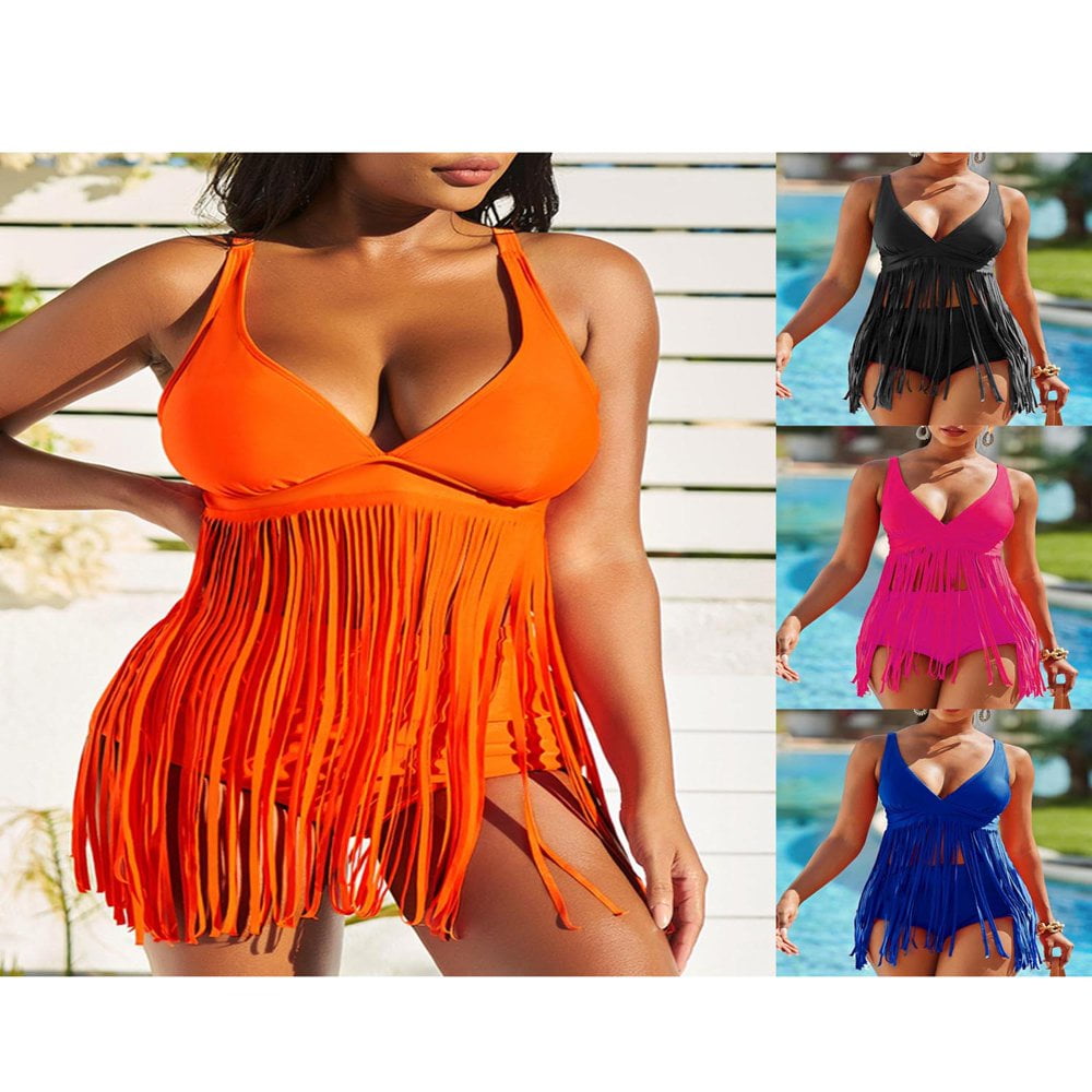 POINTERTECK Women Summer 2Pcs Bikini Sets Solid Color Bathing Suit Fringe Halter Neck Bikini Top High Waist Bottom Plus Size Beachwear Walmart