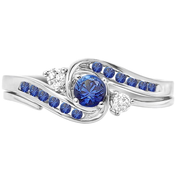 Dazzlingrock Collection 14K Round Blue Sapphire & White Diamond Ladies Swirl Bridal Engagement Ring Set, White Gold, Size 6.5