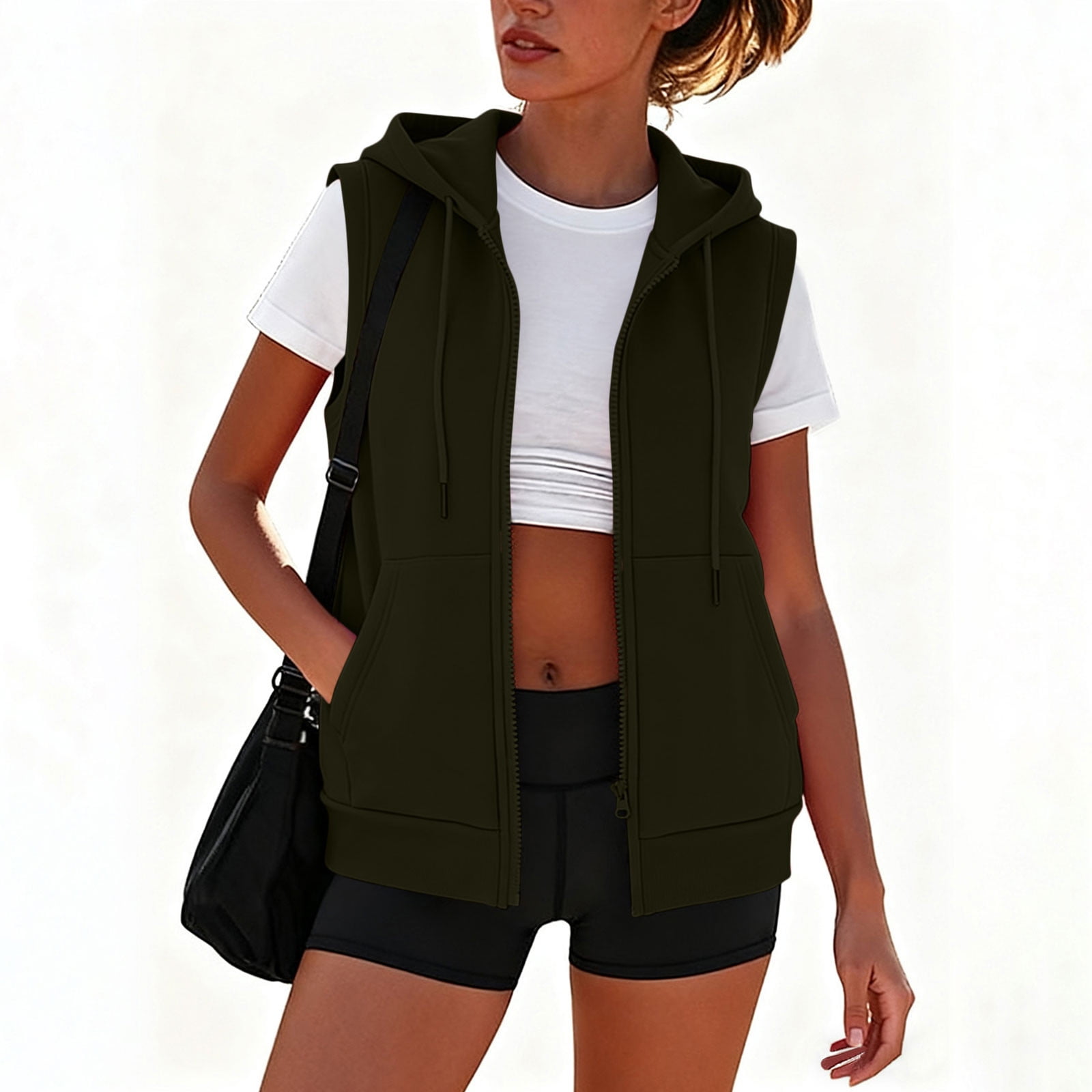 Womens Casual Sweatshirts Cotton Sleeveless Hooded Outerwear Vest with Pockets Sport Casual Full Zip Hoodie Jacket (5XL, Army Green)