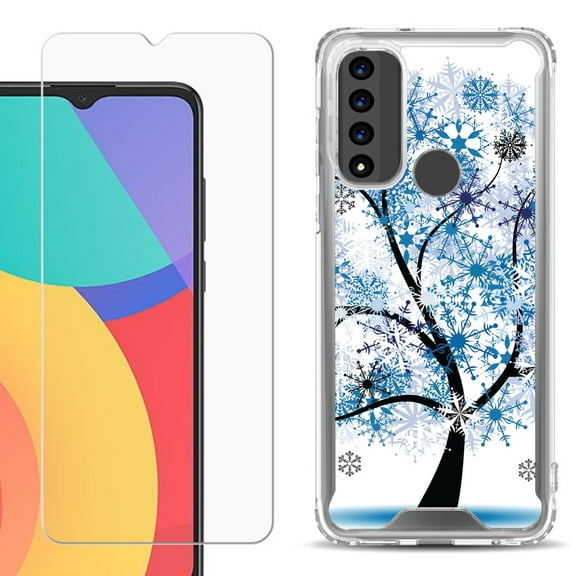 Shockproof Bumper Phone Case for TCL 20 XE, with Tempered Glass Screen Protector, by OneToughShield ® - Snowflakes Tree