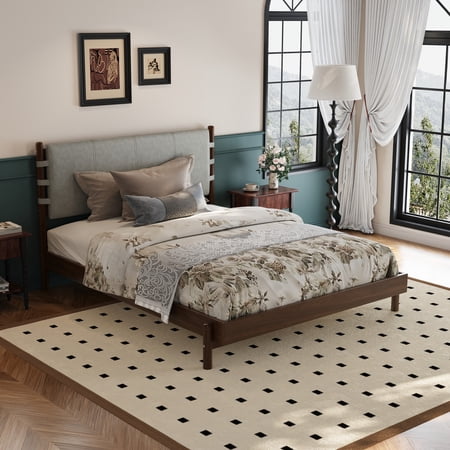 Christopher Knight Home Queen Size Bed Frame with Headboard Platform Bed with Solid Wood Frame Walnut+Light Grey