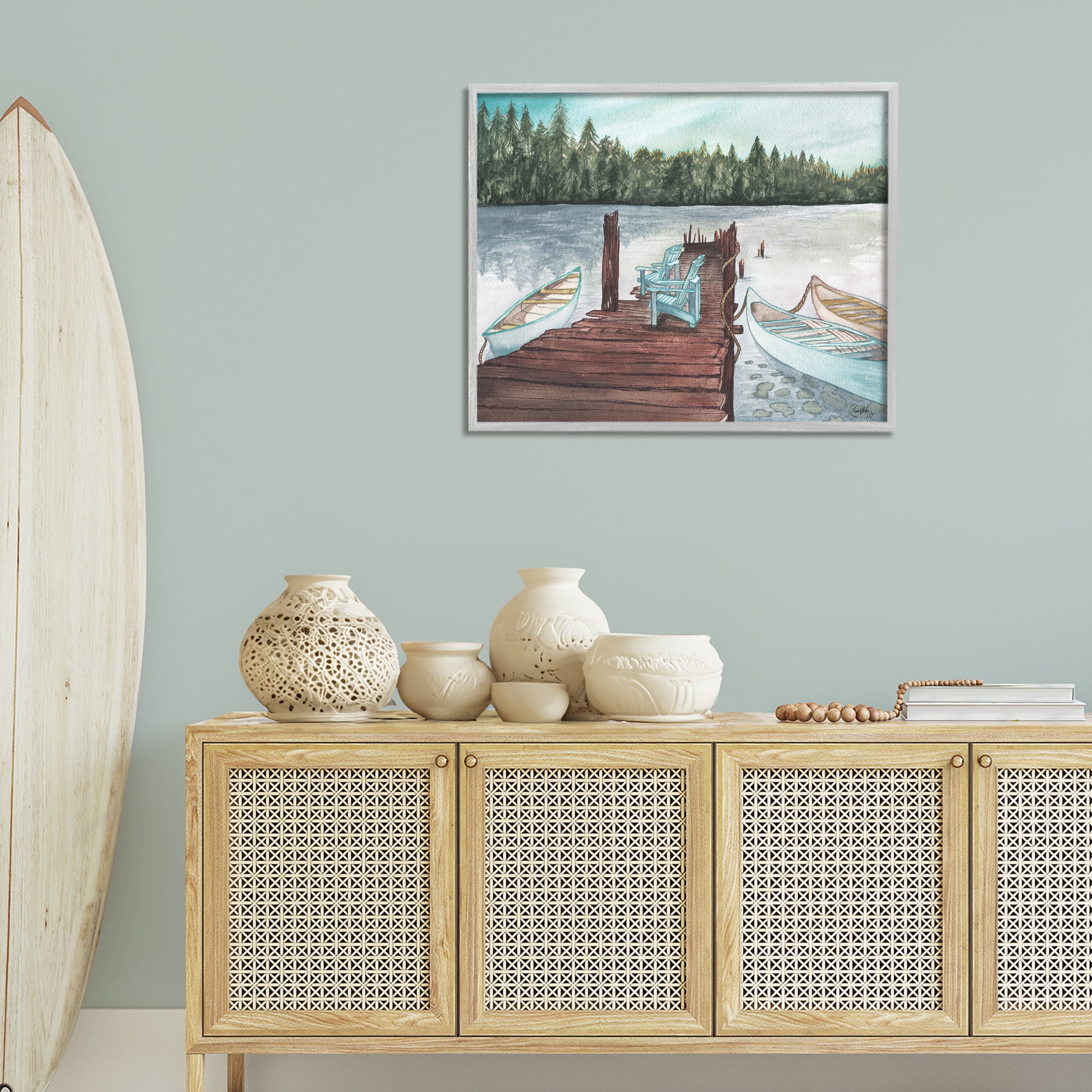 Stupell Industries Canoes at Lake Dock Landscape Painting Gray Framed Art Print Wall Art, 30 x 24