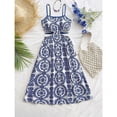 thumbnail image 3 of Womens Blue And White Floral Print Sleeveless Midi Dress With Side Cutouts And Tie Waist, Vacation Style Summer Dress, 3 of 8