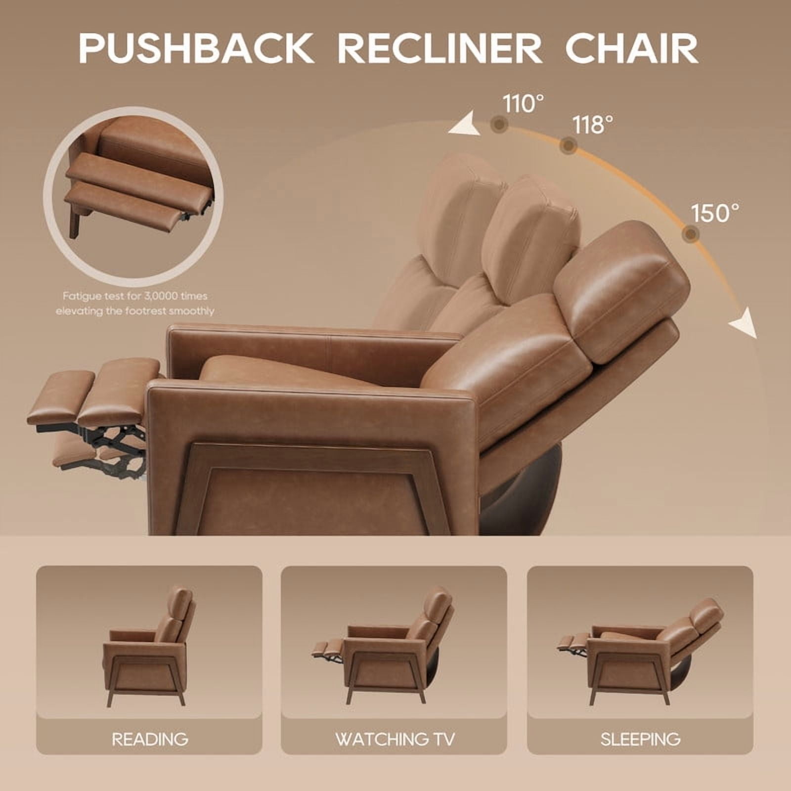 COLAMY Push Back Recliner Chair, Cocoa Manual Leather Recliner Accent Chair, Modern High Back Armchair with Padded Headrest and Solid Wood Frame for Bedroom, Nursery Chair