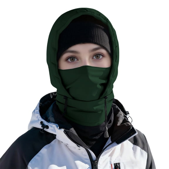 HAPIMO Hooded Face Covering Knit Hat Drawstring Closure Hat for Winter Hiking Cold Weather Use Army Green Free Size