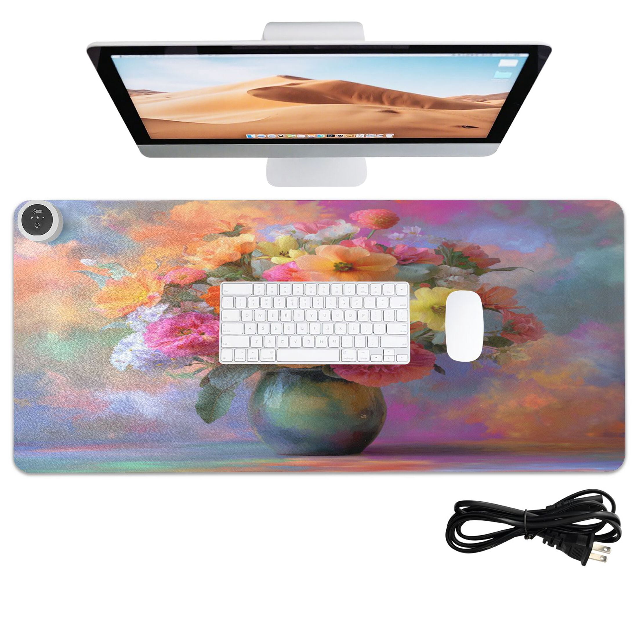 Large Heated Desk Mat Mouse Pad 31.5"x13"PU Leather Graphene Heating Desk Warmer with 3 Temperature Settings 110V US Plug Non-Slip Warm Pad for Home, Office, and Gaming Vivid Flowers in A Vase