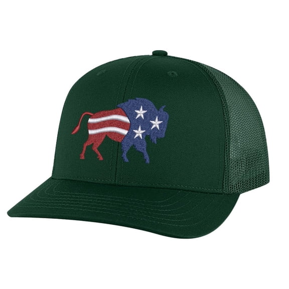 American Bison Hat - Embroidered Flag Design - Patriotic Bison Trucker Hat Snapback (AlpineGreen)
