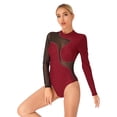 thumbnail image 2 of YONGHS Women's Rhinestone Ballet Dance Leotard Mesh Splice Long Sleeve Gymnastics Bodysuit Tops Burgundy M, 2 of 7